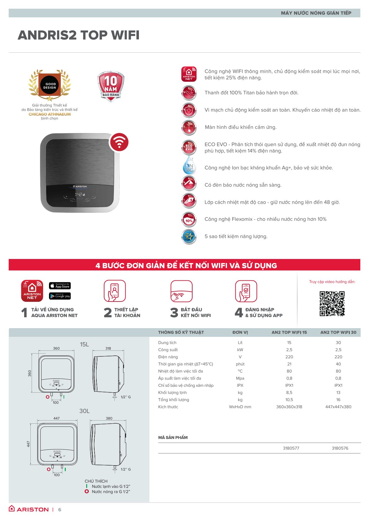 AN2 30 TOP WIFI Bình nước nóng