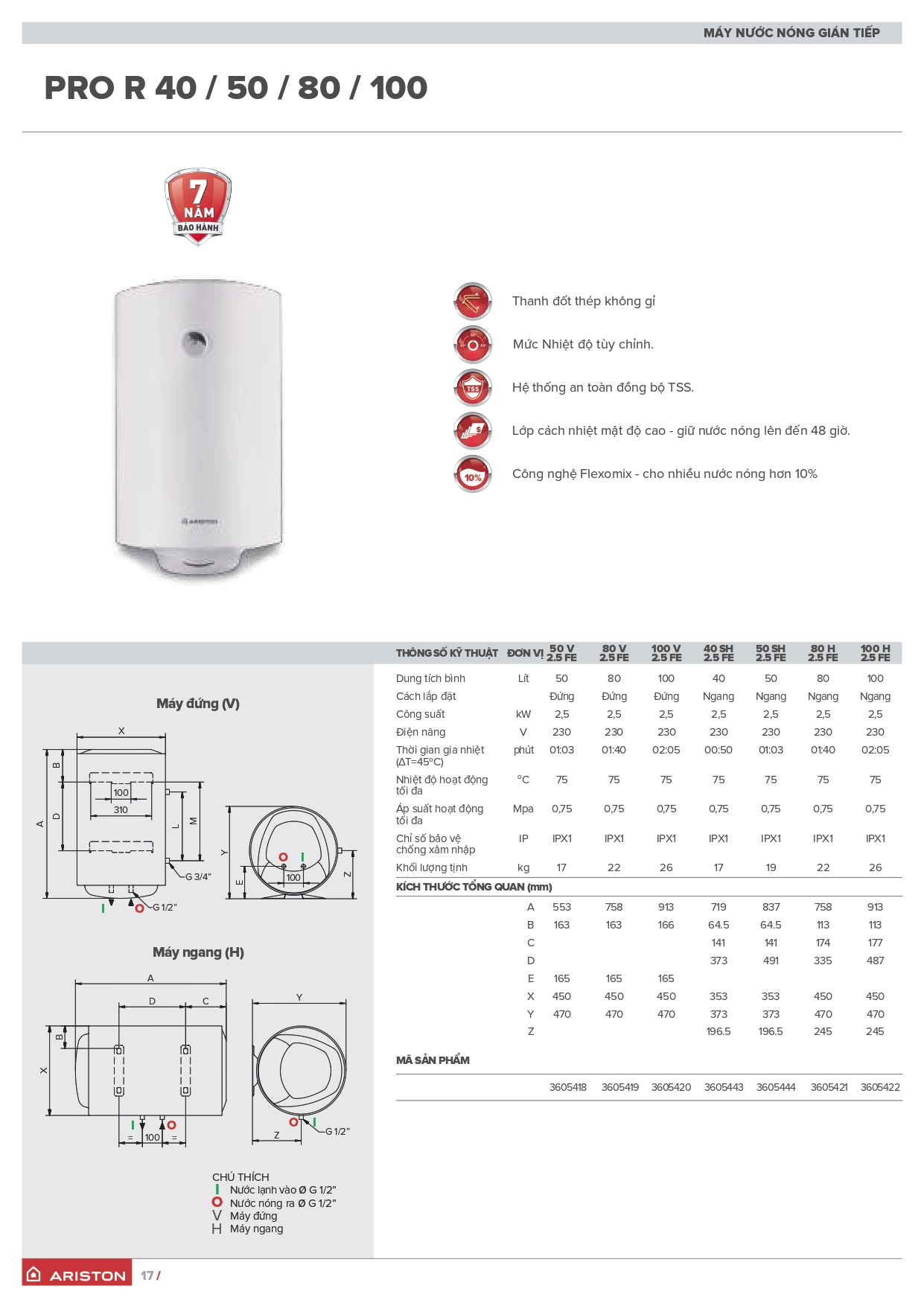 Bình nước nóng ariston 50L ngang PRO R 50 SH