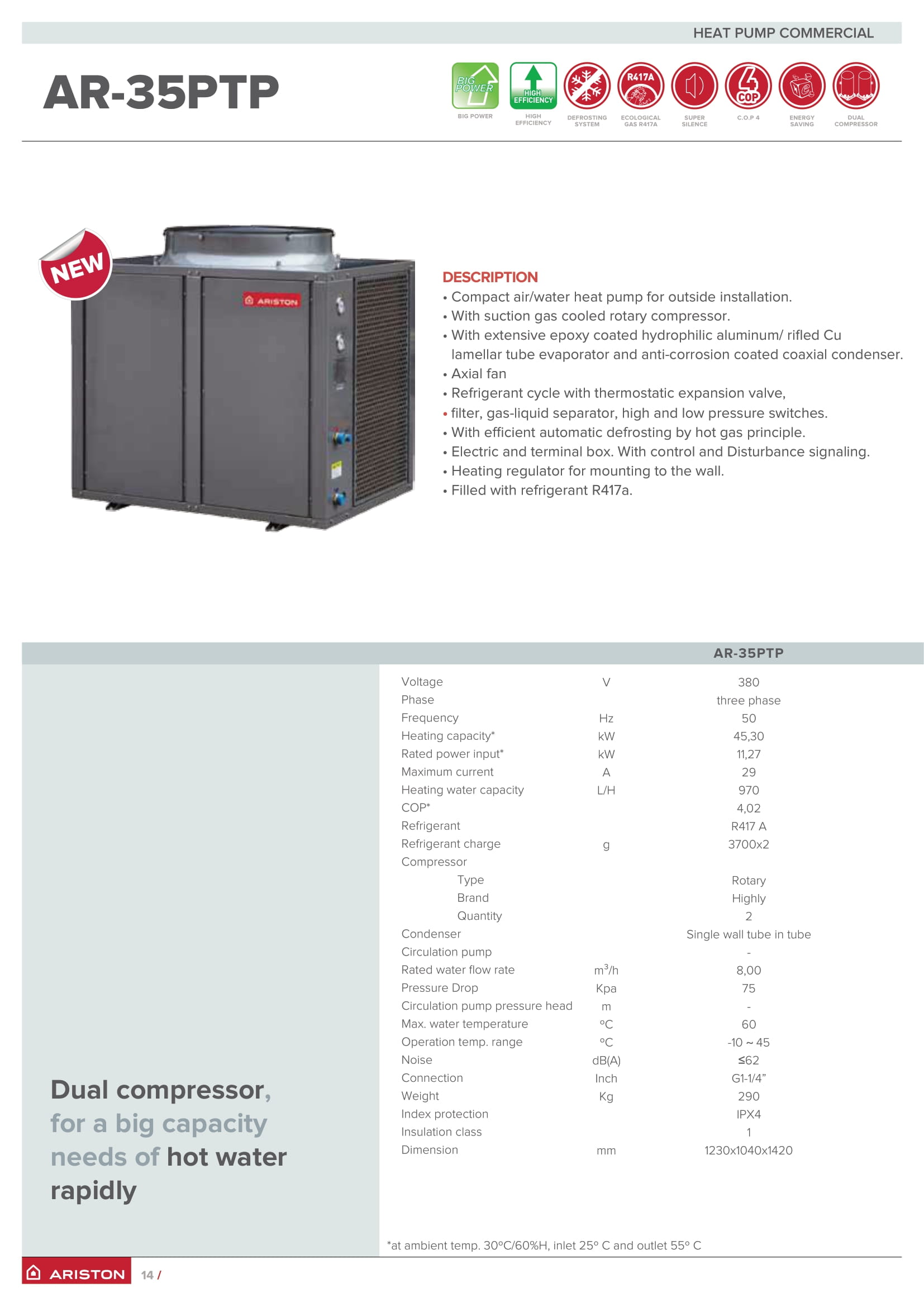 AR-35PTP 45.3kw Ariston heat pump nước nóng trung tâm