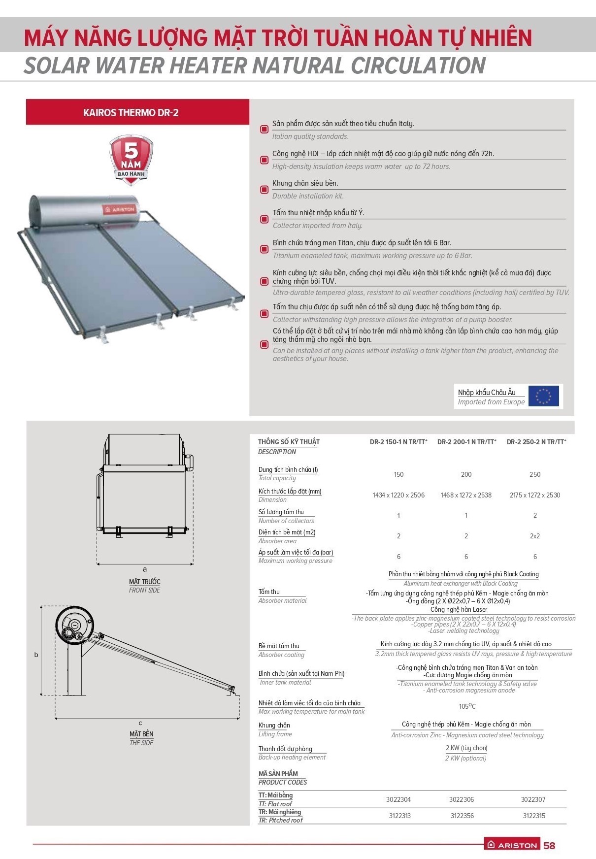  KAIROS THERMO DR2-250L Ariston năng lượng